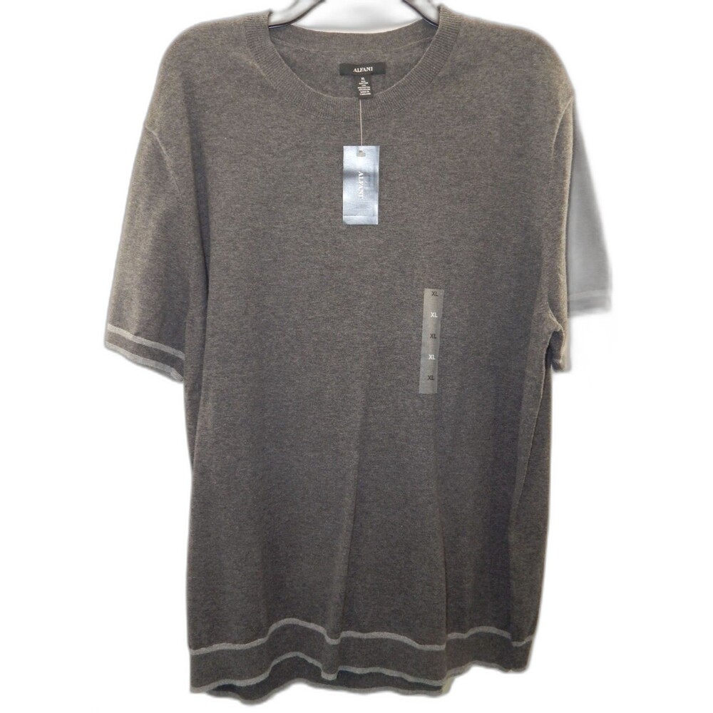 Mens Alfani XL Charcoal Gray White Stripes Short Sleeve Pullover Sweater Tee NWT